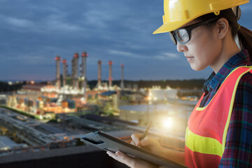 Double exposure of  Industrial Engineer in a hard hat and petrochemical industry . Concept for safety .