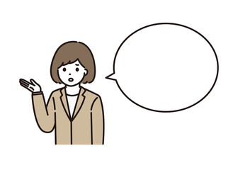 困った顔で説明するスーツ姿の若い女性 吹き出し