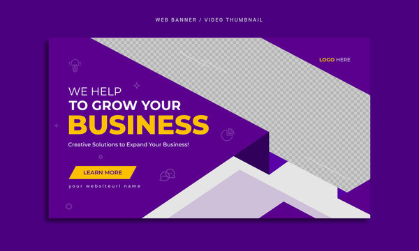 Corporate business marketing web banner or video thumbnail template design. Online promotion video cover with abstract geometric background. Creative social media banner with company logo & icon.