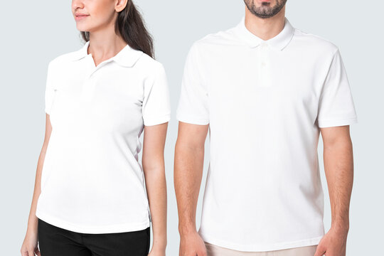 Man and woman in basic white polo shirts apparel studio shoot