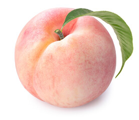 Pink peach fruit with leaf isolated on white background, Fresh Peach on White Background With...