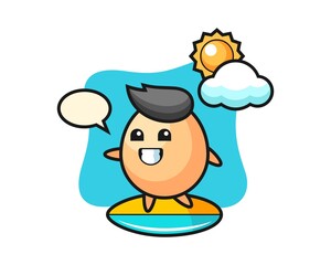 Illustration of egg cartoon do surfing on the beach