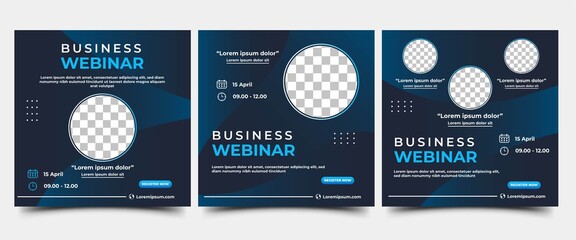 Set of Webinar Social Media post template. Modern banner with abstract gradient blue background. Vector design with place for the photo. Suitable for social media post, banners, and web internet ads.