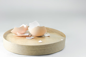 The cracked eggshell was laid out on a brown paper plate.