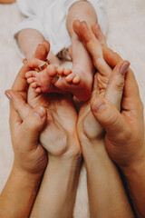 the baby's legs in the hands of the mother and father