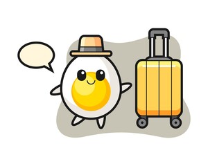 Boiled egg cartoon illustration with luggage on vacation