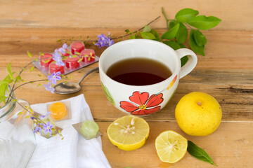 herbal health care mix honey lemon with cough sore throat pastille pills arrangement flat lay style...