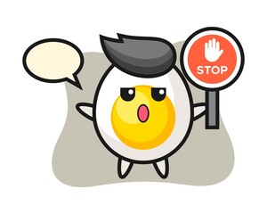 Boiled egg character illustration holding a stop sign