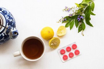 herbal health care mix honey lemon with cough sore throat pastille pills arrangement flat lay style on background white