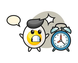 Cartoon illustration of boiled egg is surprised with a giant alarm clock