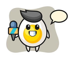 Character mascot of boiled egg as a news reporter