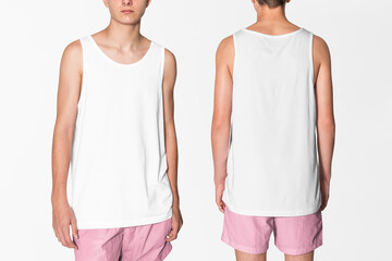 Basic men&rsquo;s white tank top and pink shorts summer apparel with design space