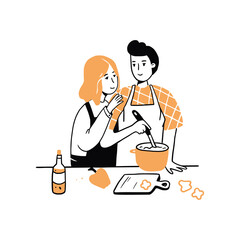 Hand drawn young man and woman cooking together in the kitchen. Cartoon smiling character with apron. Doodle sketch style illustration. Concept of romantic couple, family prepare lifestyle cooking.