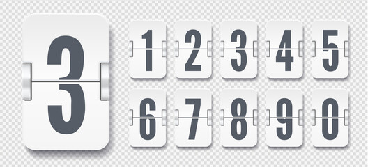 White set of flip numbers on a mechanical scoreboard with shadows isolated on transparent background. Vector template for your design.