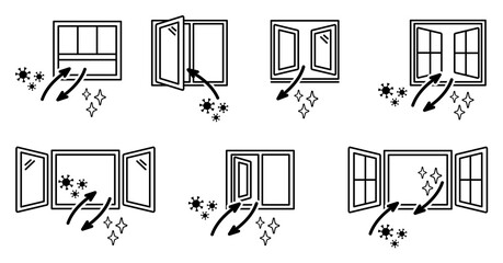 Open windows and air exchange. Set of vector window line art
