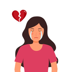 Broken heart concept vector illustration. Sad woman crying with broken heart in flat design. Bad Valentine’s Day. Tears on female face.	