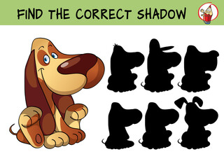 Funny little dog. Basset hound. Find the correct shadow. Educational matching game for children. Cartoon vector illustration