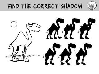 Camel. Find the correct shadow. Educational matching game for children. Black and white cartoon vector illustration