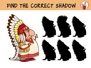 Indian chief in feather headdress. Find the correct shadow. Educational matching game for children. Cartoon vector illustration
