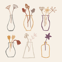 Set of flowers in vases isolated on white