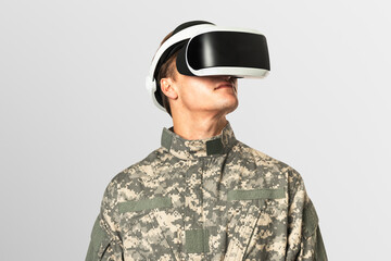 3D illustration Soldier in VR headset for simulation training military technology