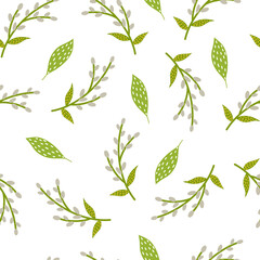 Pussy willow and leaves spring vector seamless pattern on white background. Vector illustration in a flat style.