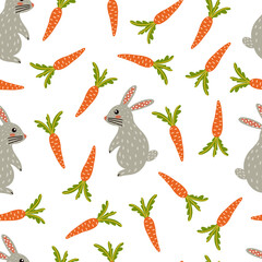 Easter bunny and bright carrot seamless vector pattern. Beautiful illustration with cute bunny in flat style