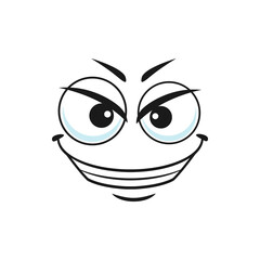 Suspicious emoticon with derisive face isolated icon. Vector satirical emoji with big eyes and smile, scornful and quizzical smiley line art. Disbelief emoticon expression, distrusted doubtful emoji