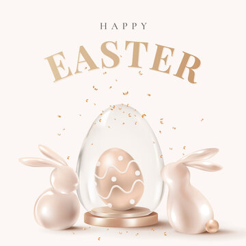 Happy Easter Luxury With  3D Illustration Bunny Rose Gold Social Media Post