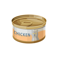 Cat food, wet canned chicken meat in jelly, vector flat icon. Cat eating dish or treat and nutrition meal wet food in can, pets care and feeding preserves item