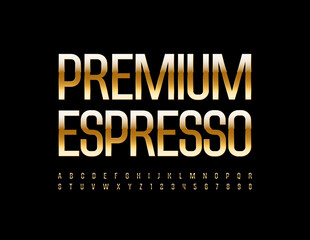Vector golden emblem Premim Espresso. Elite slim Font. Luxury Alphabet Letters and Numbers