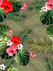 Behang Tropical vector seamless background. Jungle pattern with exitic flowers, and palm leaves. Stock vector. Jungle vector vintage wallpaper © Logunova  Elena