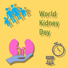 The illustration shows a picture of family, kidney, clock timing . There is a word that is World Kidney Day.