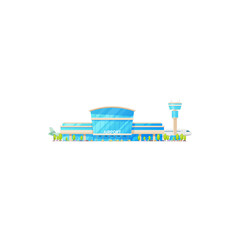 Sky avia station, airport terminal building and airplanes isolated icon. Vector International airlines terminal facade exterior, cargo and passenger planes, glass airport construction, public buses