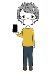 マスクをつけたスマホを持って画面を見せている困った表情のおばあちゃん