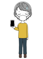 マスクをつけたスマホを持って画面を見せている落ち込んでいるおばあちゃ