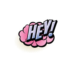 Hey comics pop art half tone bubble vector icon. Cartoon retro sound pink cloud blast explosion with halftone pattern and violet word with exclamation sign