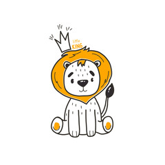 Cute illustration with little lion cub, a crown and the phrase little king, vector print for kids t-shirt and wear, baby room, greeting card. Hand drawn nursery.