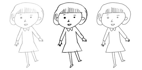 立ってこちらを見る女の子のイラスト。鉛筆線、ミリペンの線。