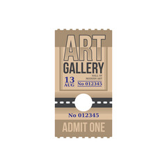 Ticket to art gallery, numbered paper card with price to hall of art. Vector raffle coupon with date. Special voucher admission to visit exhibition, admit on performance or excursion in museum