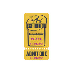 Retro ticket to classic art exhibition, admit one isolated icon. Vector coupon admission to visit exhibition at city painting gallery. Special voucher, admit one excursion in museum of modern arts