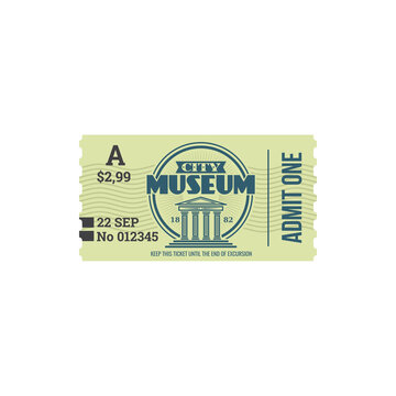 Entry ticket to city historical museum isolated card. Vector voucher access to history museum, single entry, building with columns. Invitation on excursion exhibition, admit one, mention of date price