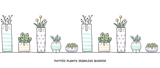 Seamless border with hand drawn potted plants. Watercolor illustrations of cute and funny flower pots on white background.