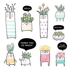 Collection of hand drawn potted plants and succulents illustrations. Watercolor illustrations of potted plants in whimsical style. Isolated on white background, vector illustration.