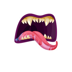Vampire or monster mouth with fangs vector icon. Open scary jaws with long pointed teeth and gooey saliva dripping from tongue. Cartoon maw roar or yell isolated on white background © Vector Tradition