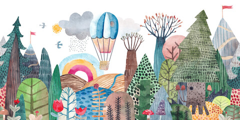 Travel in a hot air balloon over the lake, fields, forests and mountains. Cute landscape with a lake, trees and mountains. Repeating watercolor pattern. Horizontal banner. - obrazy, fototapety, plakaty