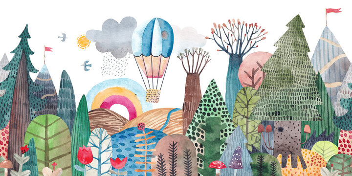 Travel in a hot air balloon over the lake, fields, forests and mountains. Cute landscape with a lake, trees and mountains. Repeating watercolor pattern. Horizontal banner. © bukhavets