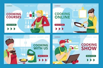 Cooking online, culinary course web page. Cooking show video broadcasting with chefs preparing homemade dish. Online class, culinary tutorial cartoon vector illustration