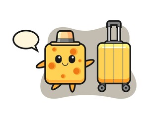Cheese cartoon illustration with luggage on vacation