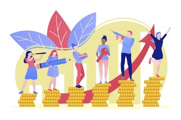 Successful people climbing coin graph. Business team increasing income and investment, struggling for success. Team building, career growth concept flat vector illustration